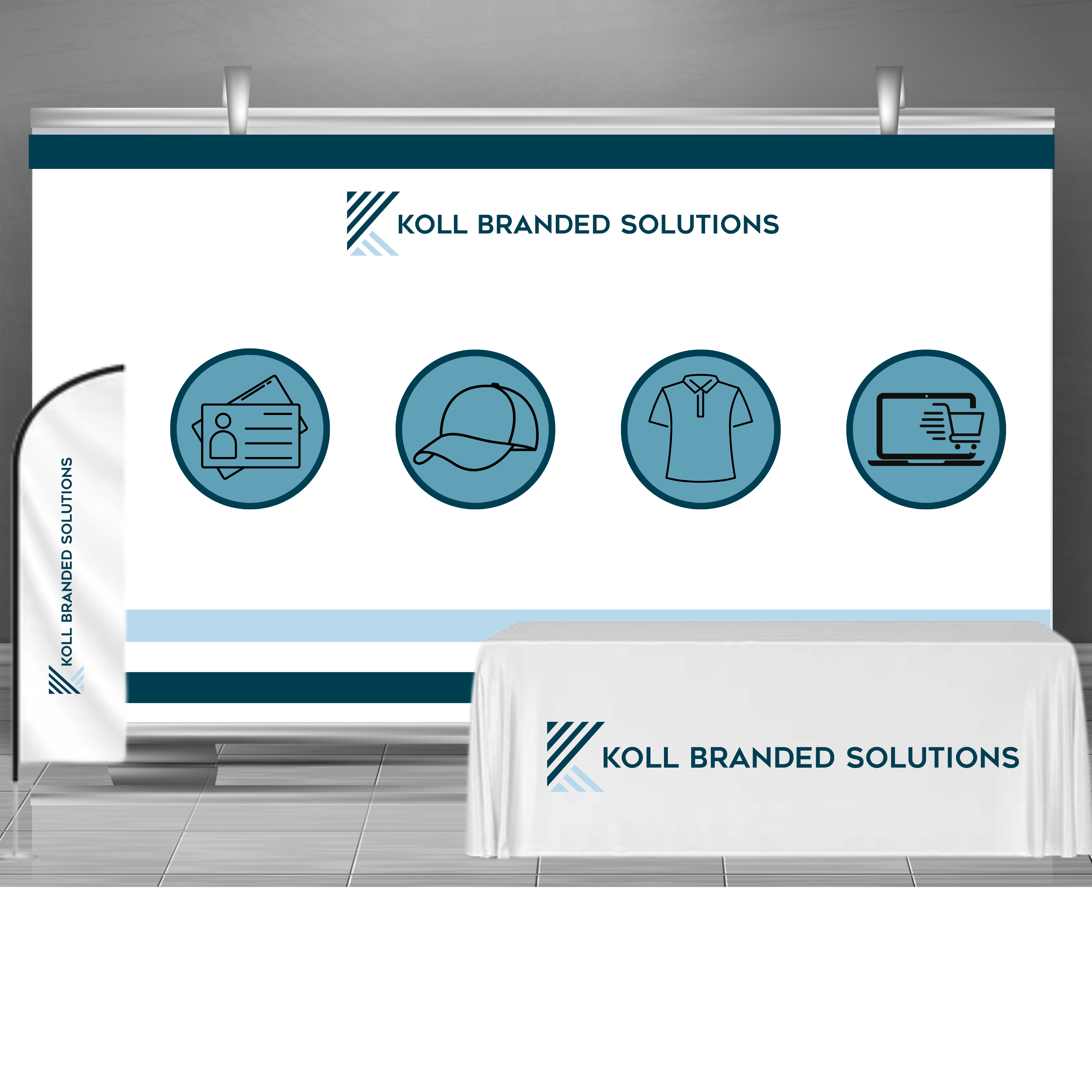 Koll Branded Solutions trade show booth with backdrop, table covering, and banner stand