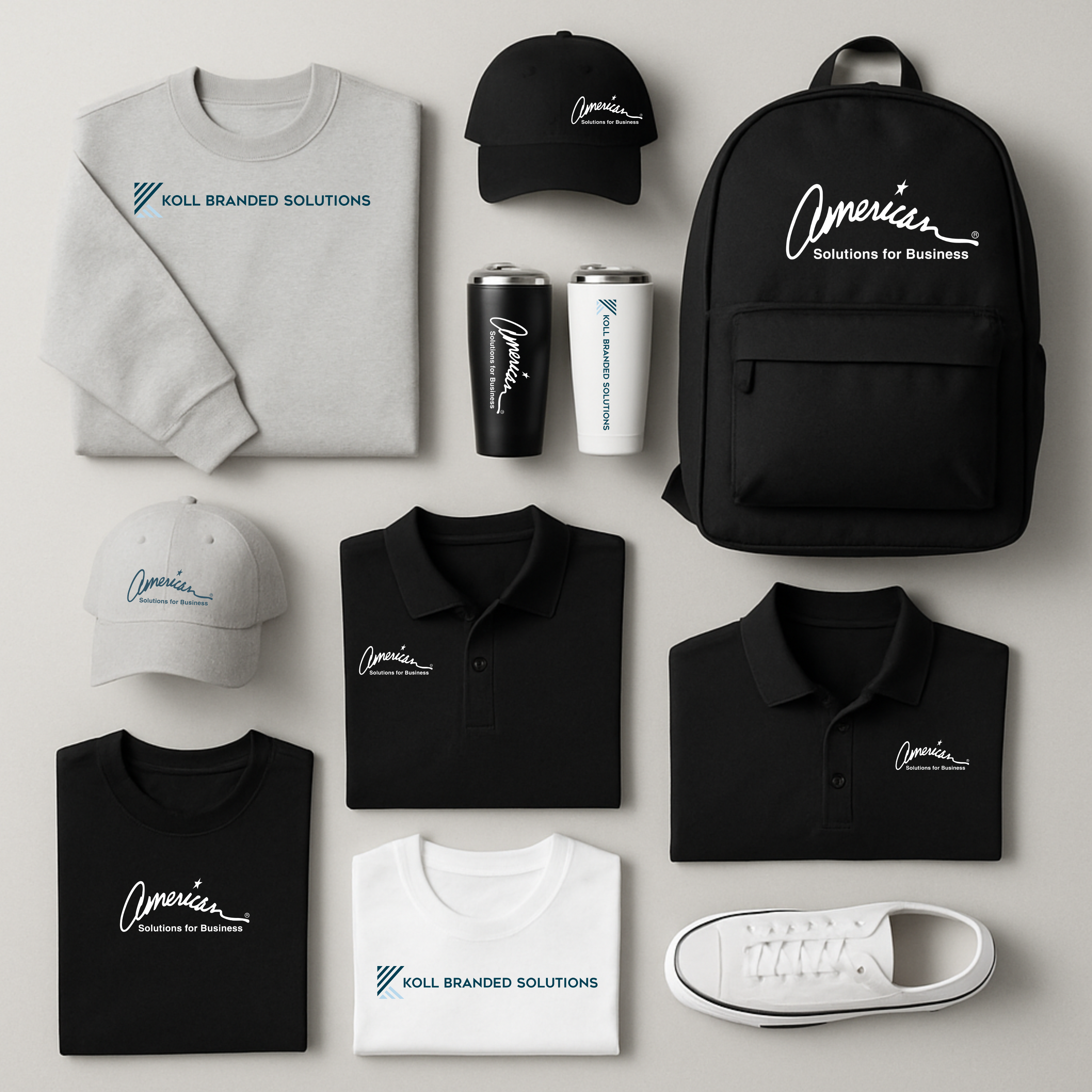 Koll Branded Solutions merchandise including polos, sweatshirts, hats, tumblers, backpacks