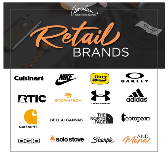 Retail brands including Nike, Under Armour, Carhartt, The North Face, OGIO, Oakley, Adidas, Cotopaxi, and more